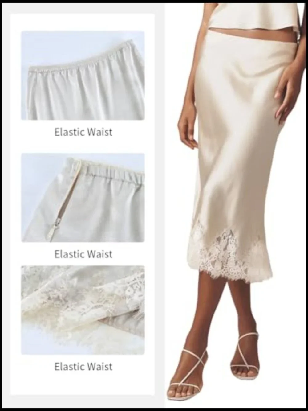High Waist Satin Midi Skirt Lace Trim Flowy A Line Cocktail Party - Picture 6 of 6